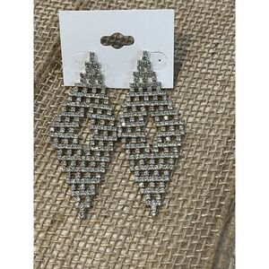Vintage Y2K Clear Rhinestone Fringe Dangle Pierced Earrings Silver Tone Jewelry